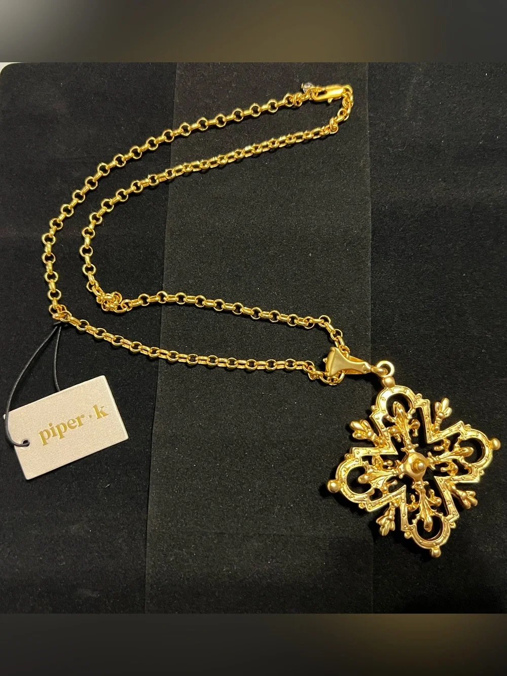 Piper K Gold Baroque Cross Statement Pendant Necklace 24” NWT